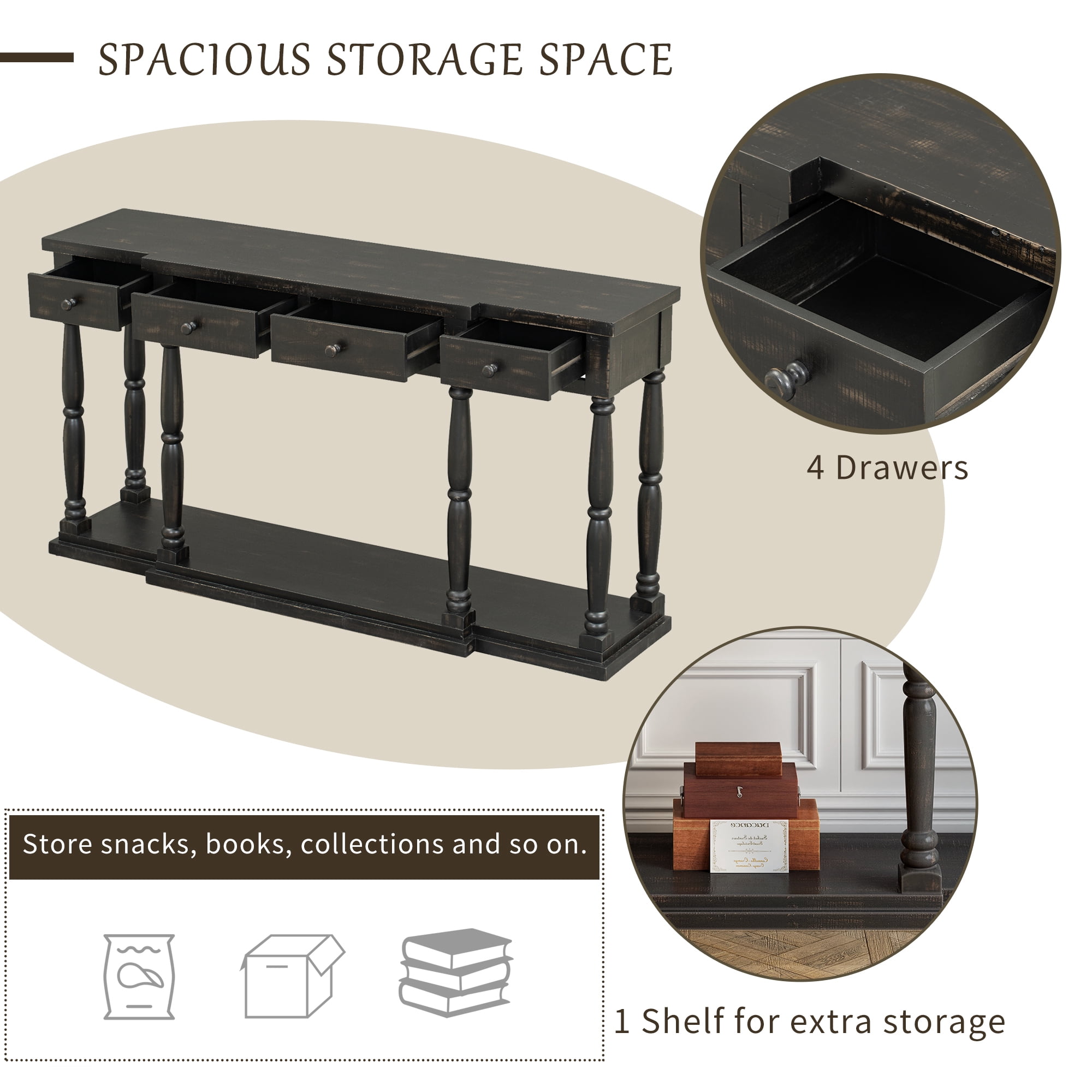 EUROCO 63" Longer  Console Table Sofa Table for Entryway with 4 Drawers and Storage Shelf for Living Room Hallway Foyer Office, Antique Black