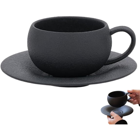 Stone-Textured Ceramic Mug with Saucer - 9.5oz Matte Black Coffee Cup, Dishwasher & Microwave Safe, for Home, Office, and Gifting(1Set,C)