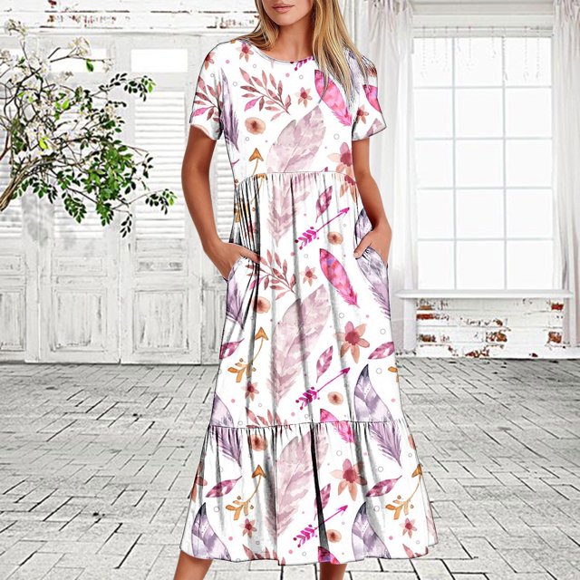 Fankiway Robe d'Été Décontractée à Manches Courtes pour Femmes, Col Rond, Robe de Plage Maxi à Volants avec Poches, Imprimé Plume, Robes d'Été pour Femmes, Grandes Tailles, Liquidation