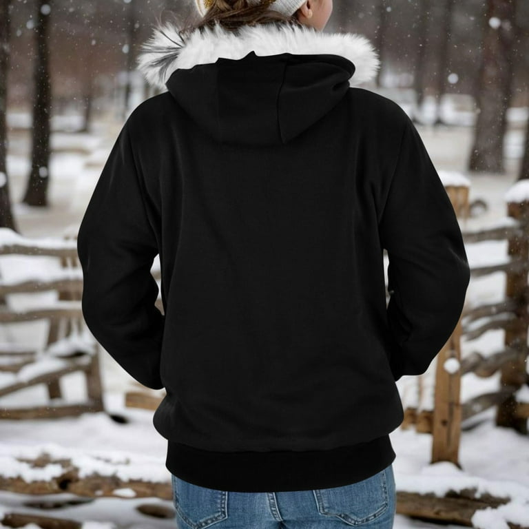 lcziwo Womens Faux Fur Trim Hooded Sweatshirt Jacket Lightweight