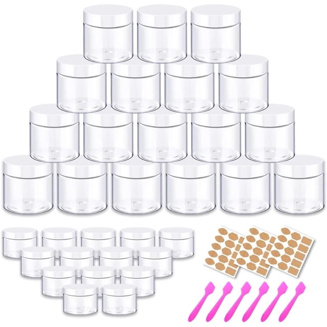 2oz Plastic Jars Round Cosmetic Containers with White Lids | 20g Clear Small Sample Containers (Set of 48) for Cream, Body Butter, Eye Shadow, Rhinestone, Lip Scrub, Travel - Free Labels & Spatulas