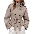 thumbnail image 5 of DPTALR Women's Gingham Stand Collar Double Breasted Belted Short Jacket Coat with Pockets,Size S-2XL, 5 of 9