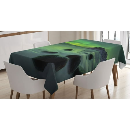 Northern Lights Tablecloth, Magic Nature Panorama Coastline Oval Energy Sky Mist Picture, Rectangular Table Cover for Dining Room Kitchen, 60 X 84 Inches, Almond and Lime Green, by Ambesonne