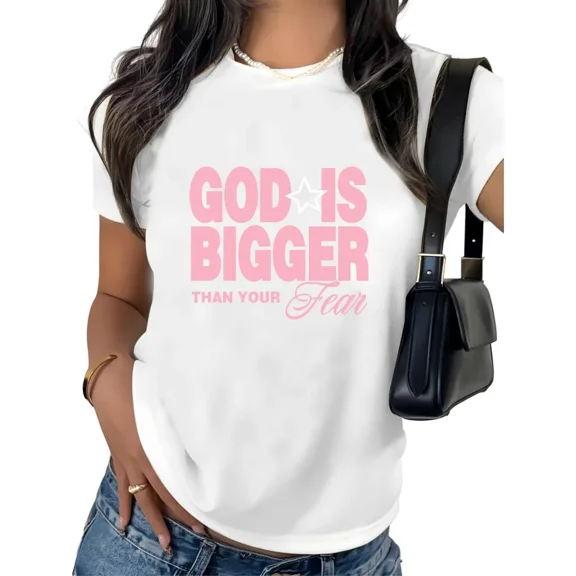 UNISHE Women's God Is Bigger Than Your Fear Christian Graphic Short Sleeve T-Shirt Relaxed Fit Cotton Tee