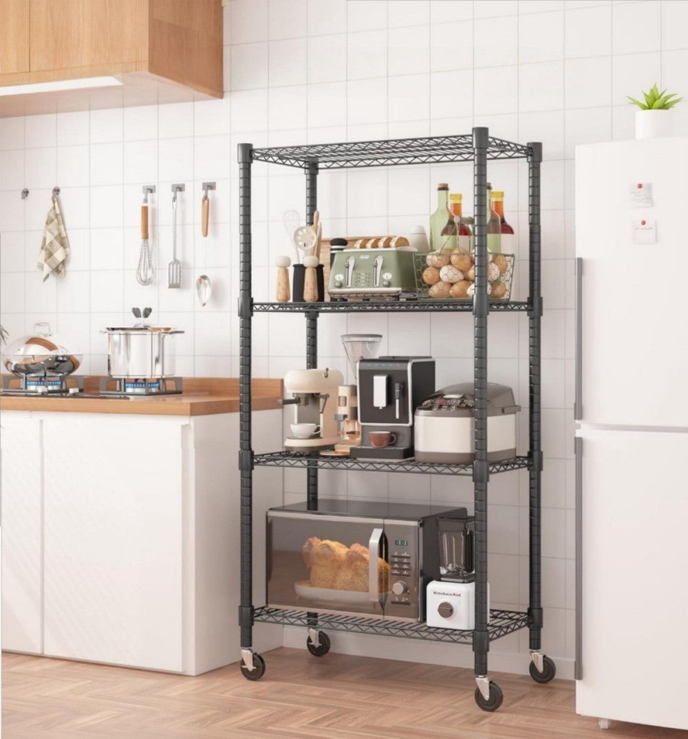 Sailvan 4-Tier Heavy Duty Metal Storage Shelves with Wheels, 30"W x 14"D x 72"H, 1200LBS Capacity Adjustable Wire Shelving Unit, Black