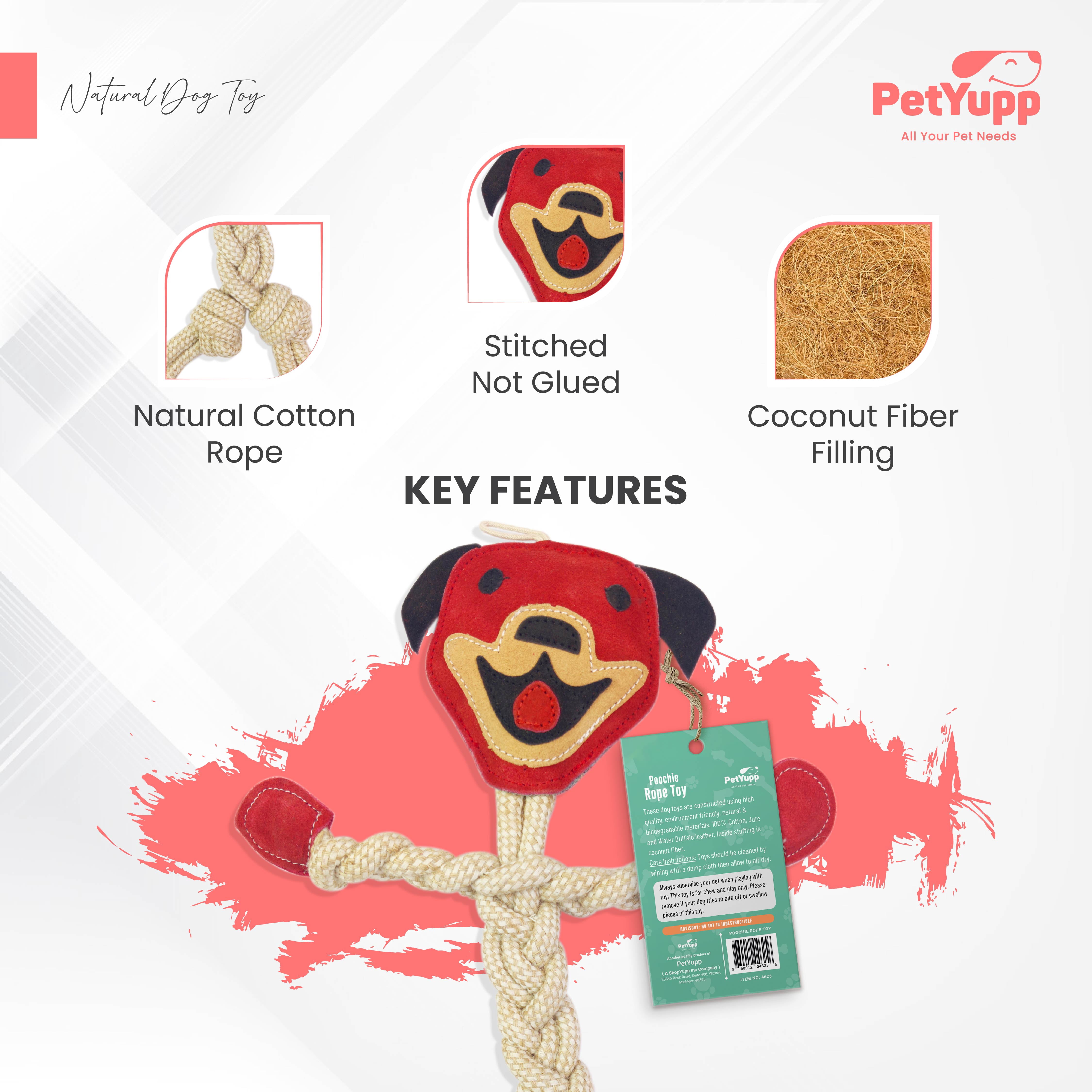 PetYupp Cotton Rope Chew Toy with Real Leather for Small Dogs & Puppies, Poochie