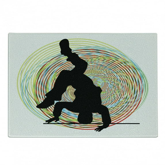Hip Hop Cutting Board, Teenage Hip Hop Dancer Dancing on Hand Stand Doing Head Spin Colorful Image Print, Decorative Tempered Glass Cutting and Serving Board, Small Size, Multicolor, by Ambesonne