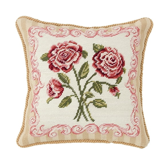 Antique Rose Needlepoint Pillow, 14" x 14"