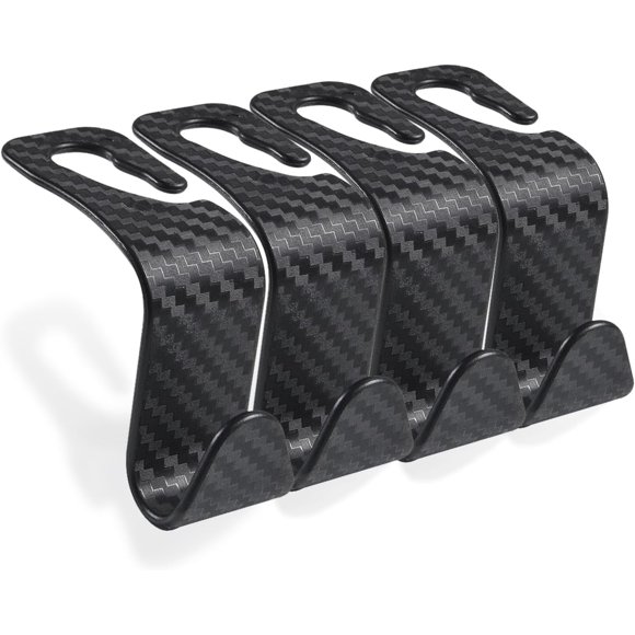 Huggegwe 4 Pcs Crochet d'Appui-tête de Siège de Voiture, Crochet en Fibre de Carbone, Crochet de Sac à Main de Voiture, Crochet d'Appui-tête de Siège Arrière Universel, Organisateur de Crochet de Siège Arrière de Voiture Accessoires Intérieurs pour Sac à Main Manteau