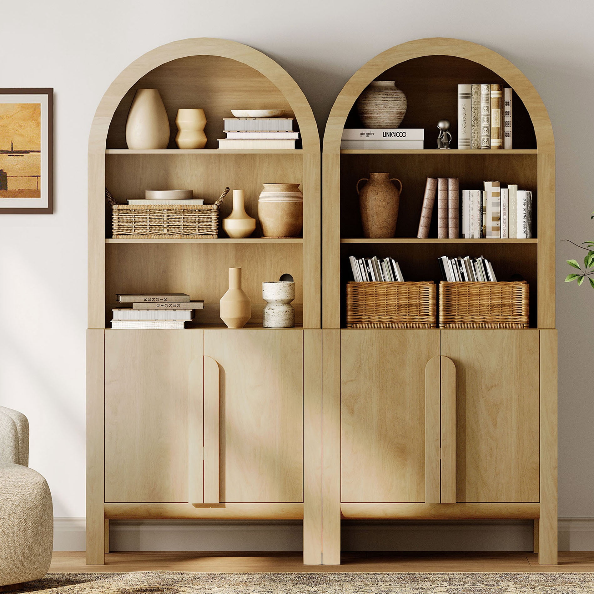 71” Tall Arched Bookshelf Set of 2, Modern 5 Tier Bookcase with Cabinet, Wooden Display Cabinet with Doors and Adjustable Shelves, Versatile Bookshelf for Living Room, Study, Office