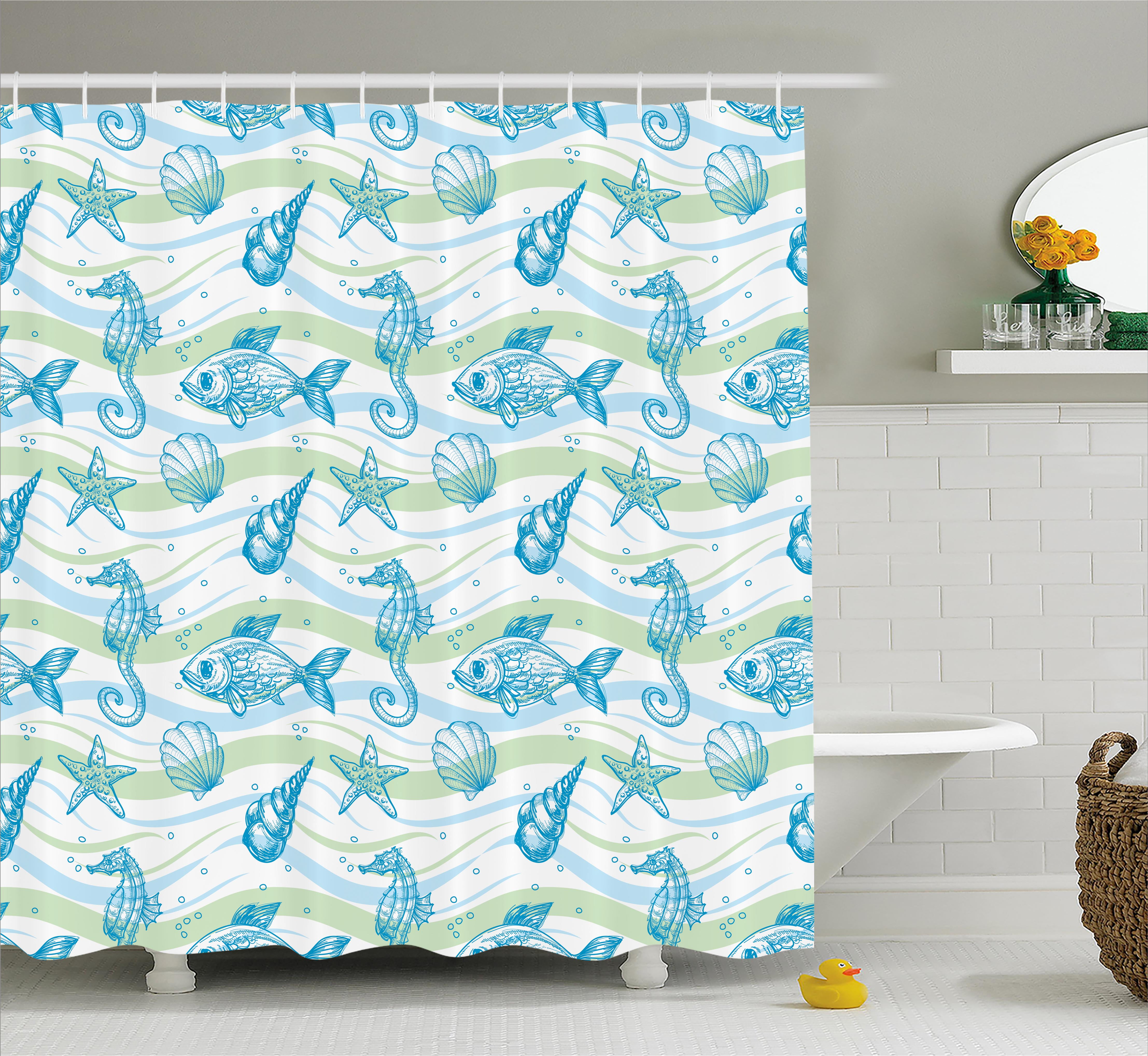 Undersea World Anchor Shower Curtain Nautical Blue Sea Fabric Washable Bathroom