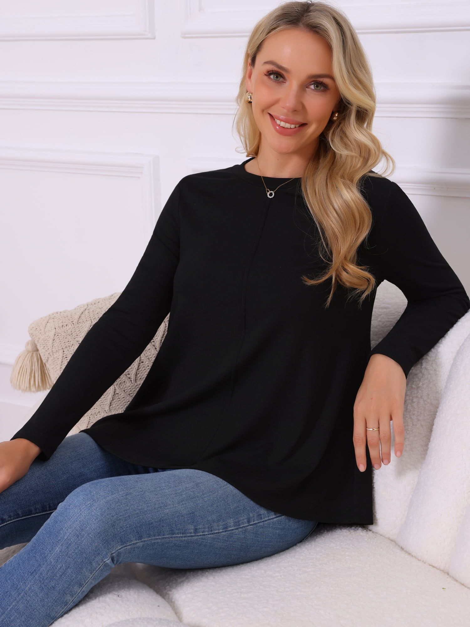 DARING DIVA Women's Long Sleeve Crewneck Babydoll Tunic Top M Black