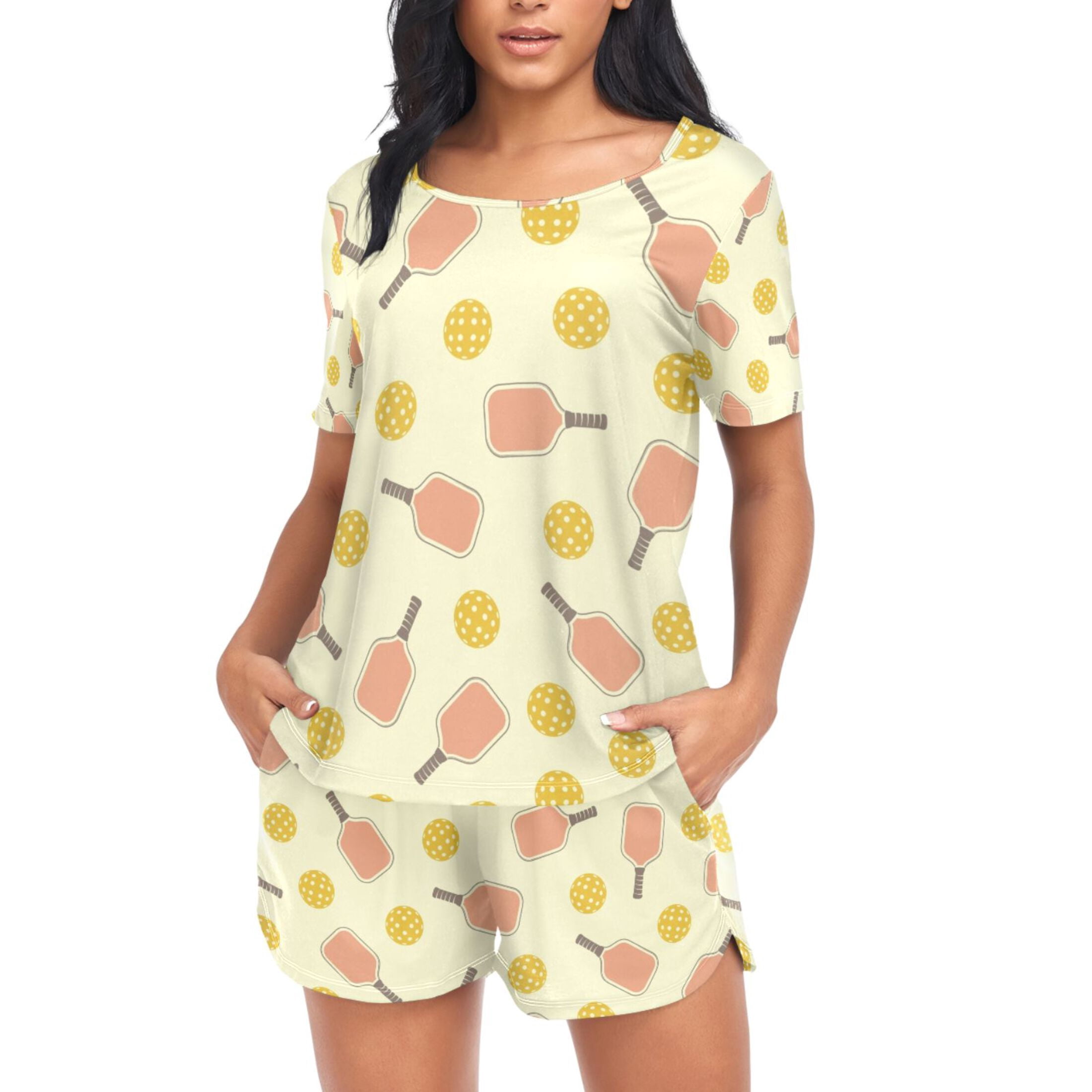 joogoo Women's Pajama Set Yellow Pickleball Balls Short Sleepwear Loungewear with Pockets S