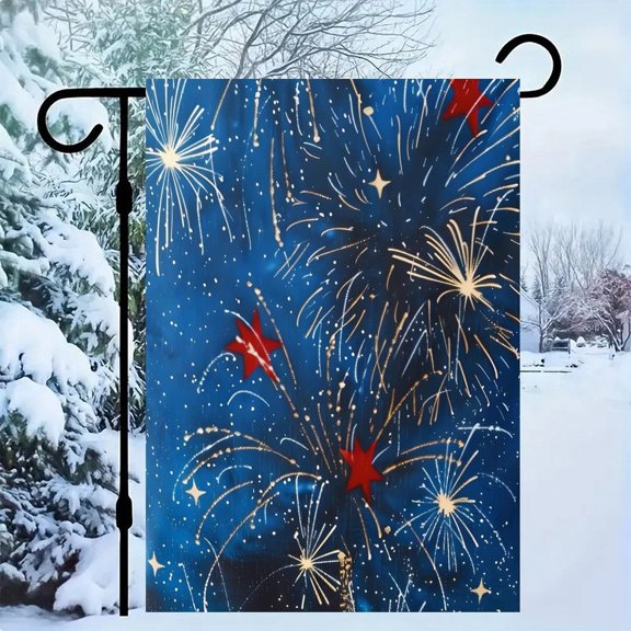 RKSupls Patriotic Linen Double Sided Garden Flag, Independence Day Themed Yard Decor, Fireworks And Stars over Tree Outdoor Banner for Holiday Lawn