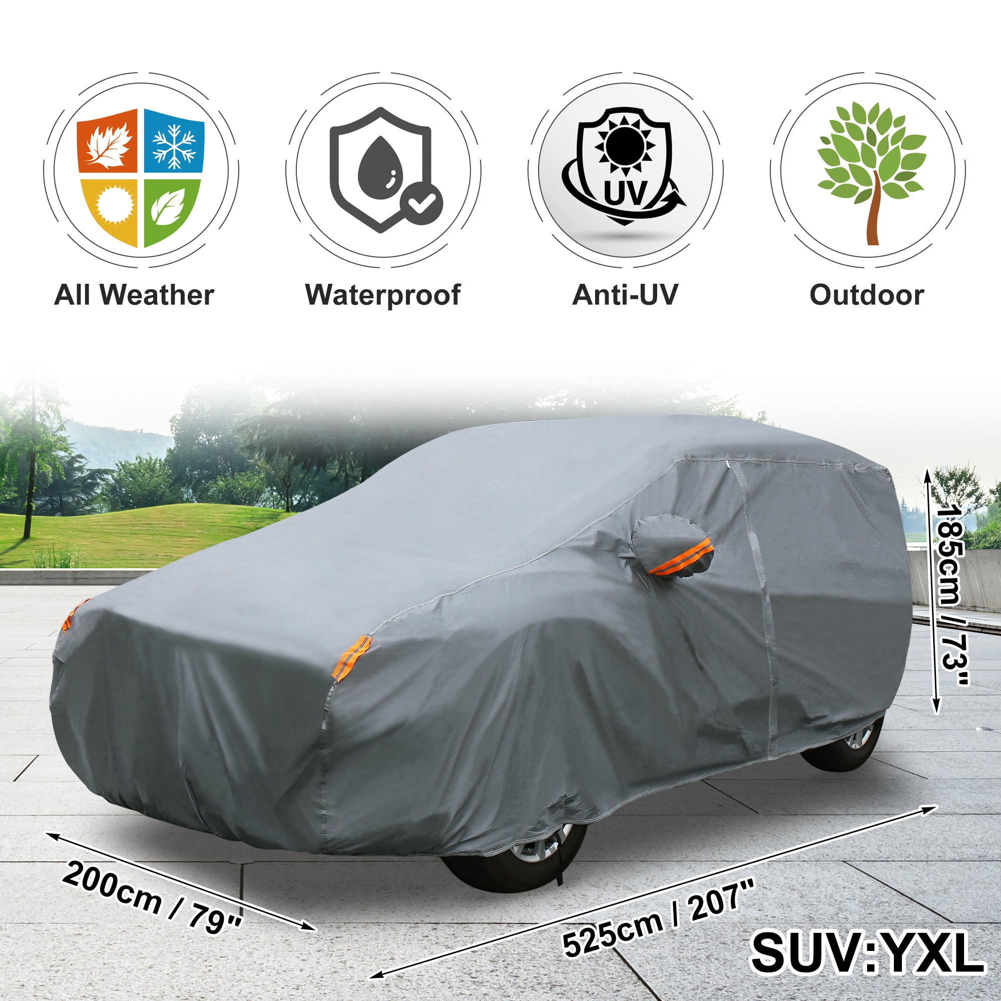 Full Car Cover Soft Lining W/ Zipper Door Fit for SUV XL Up to 207" Gray
