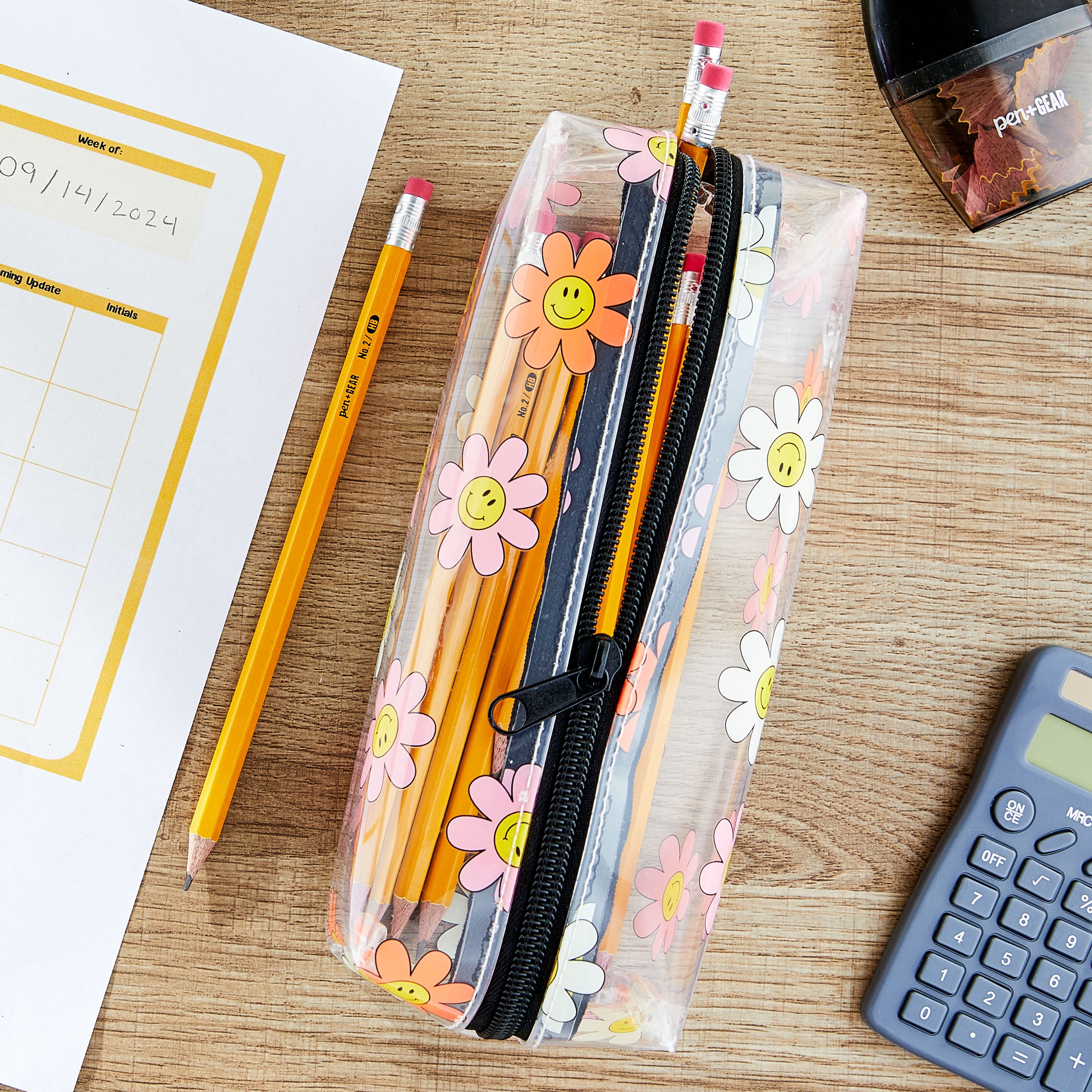 Pen + Gear Daisy Smiley Translucent Pencil Case –Perfect for All Educations Levels--Elementary, Middle School, High School, College, and Adult Professionals