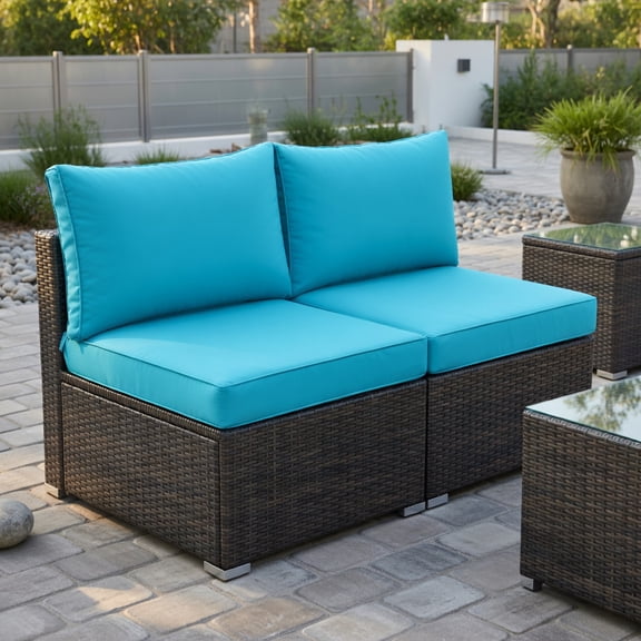 Resenkos 2-Piece Outdoor Rattan Armless Sofa Set – Navy & Brown Cushions, Weather-Resistant Steel Frame, Patio, Poolside & Garden Use