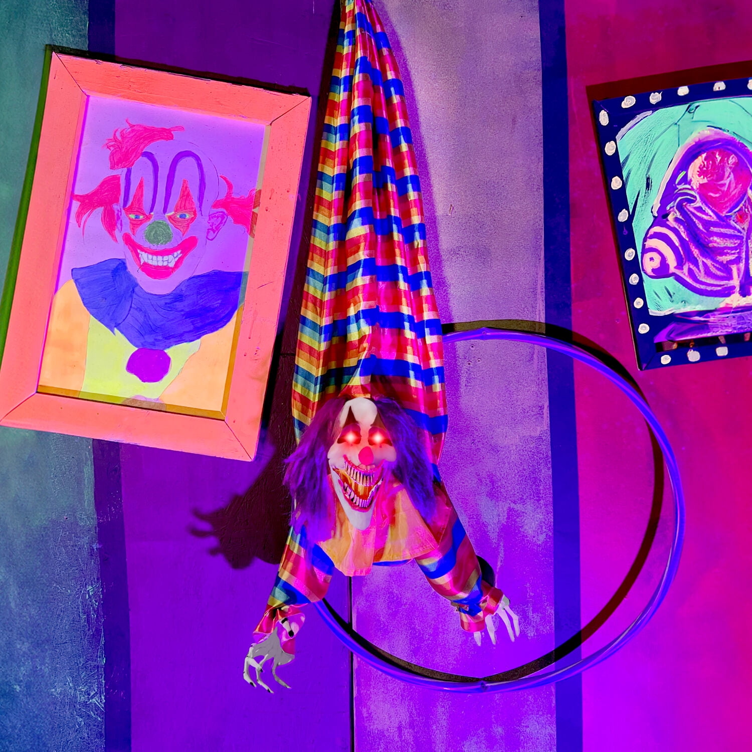 Haunted Hill Farm 47 in Animatronic Hanging Upside Down Clown with Lights and Sound, Halloween Decoration, HHCLOWN-39HLSA