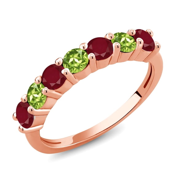 Gem Stone King 18K Rose Gold Plated Silver Round Red Ruby Green Peridot Anniversary Ring for Women (1.62 Cttw, Gemstone Birthstone, Size 9) (Size 9)
