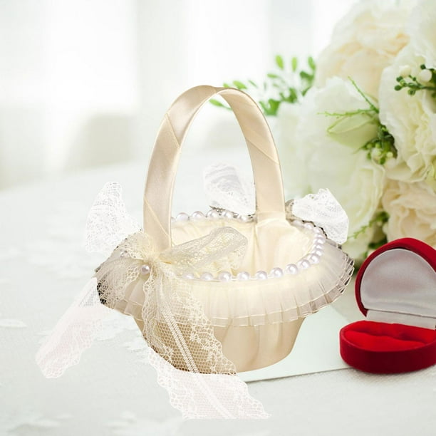 Wedding Flower Girl Basket Delicate with Lace Satin for Wedding