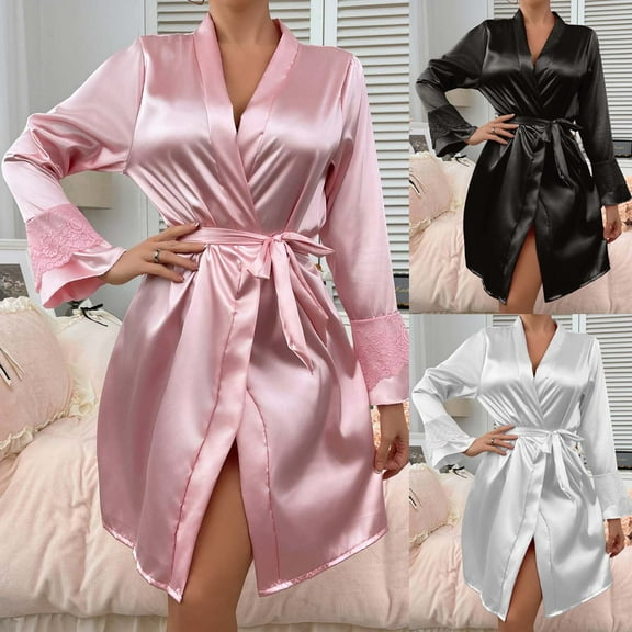 Swuxness Women Long Sleeve Casual Robes, Robes for Women, Women's Solid Color Long Sleeve Cuff Tie Waist Casual Bathrobe Sleepwear Robe Black, S