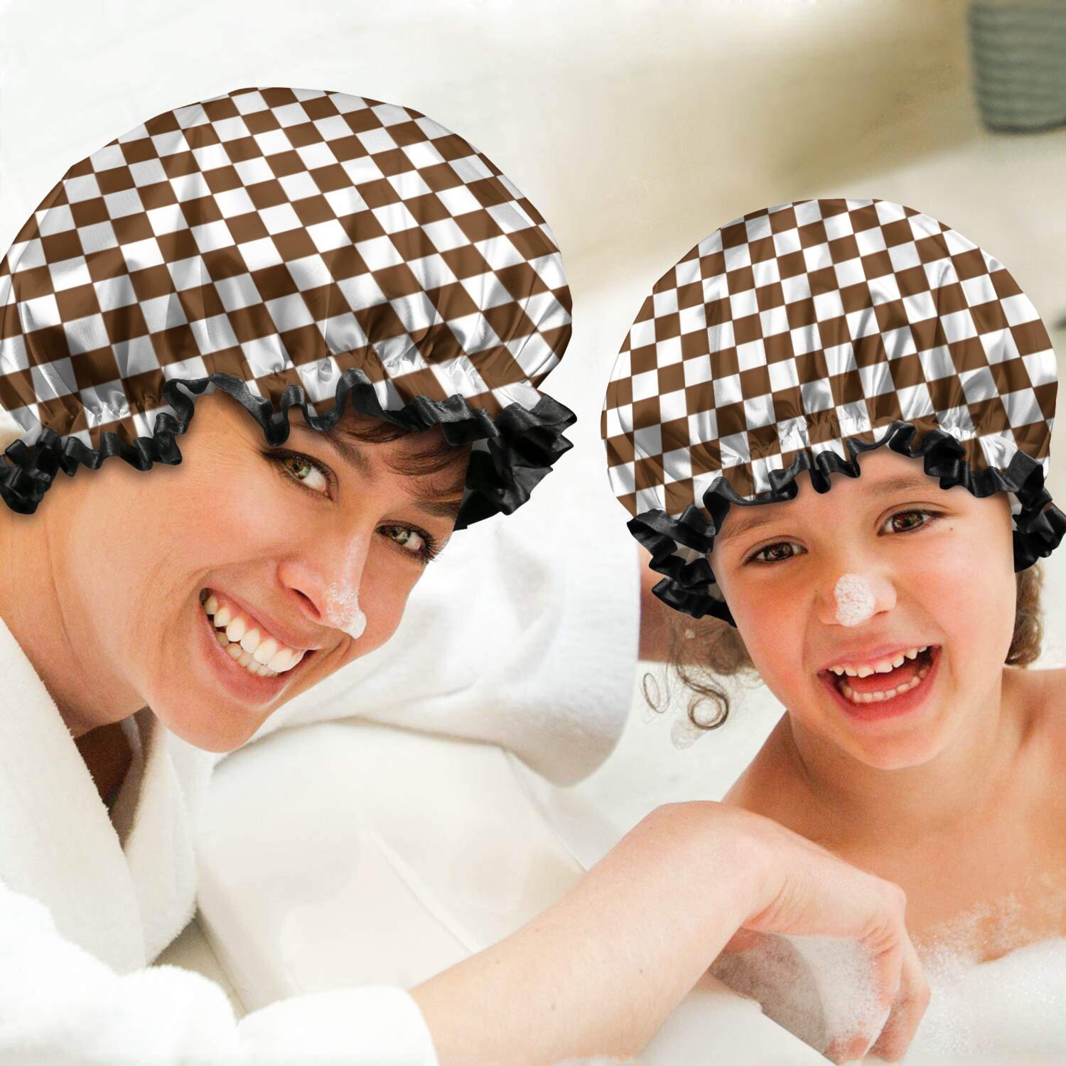 Shower Caps,Brown and White Checkerboard Pattern Waterproof Shower Cap for Women 4 Pieces,Double Reusable Hair Cover for Shower PEVA Elastic Stretch Hem