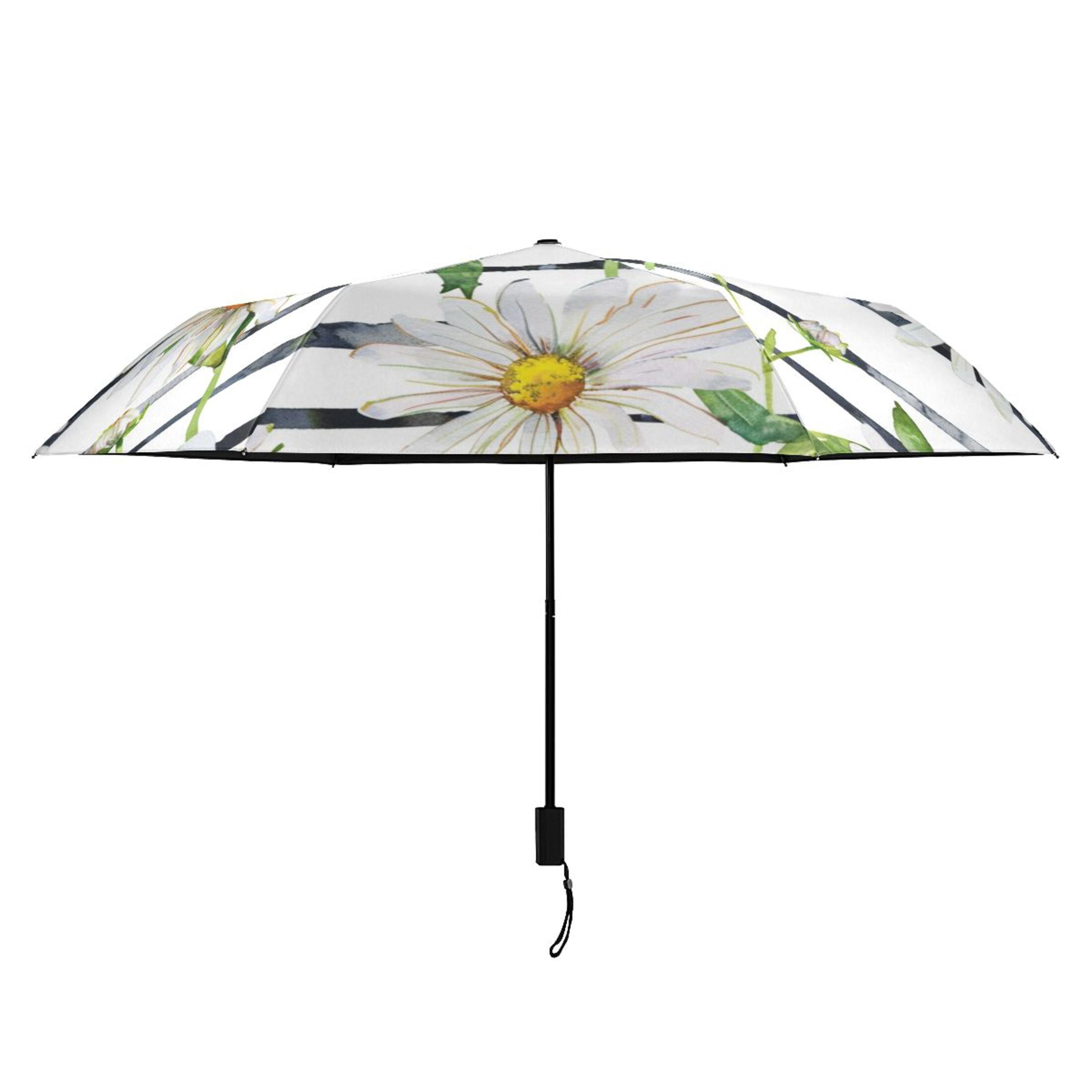Daisy Flower on Black White Stripes Compact Sun Umbrella Windproof Travel Umbrellas for Rain Strong Portable UV Protection