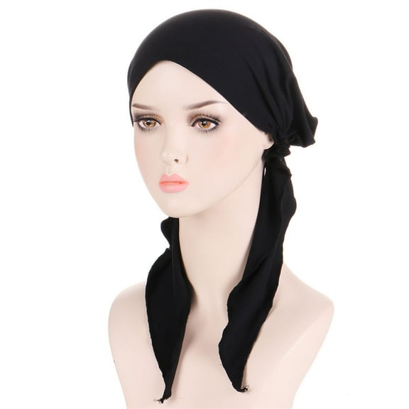 Bunenne Turbans for Women Head Wraps for Women Head Scarf Womens Casual Solid Head Hat Cap Headwear Muslim Turban Cap Headwear Head Coverings for Women Hair Bonnet Black One Size