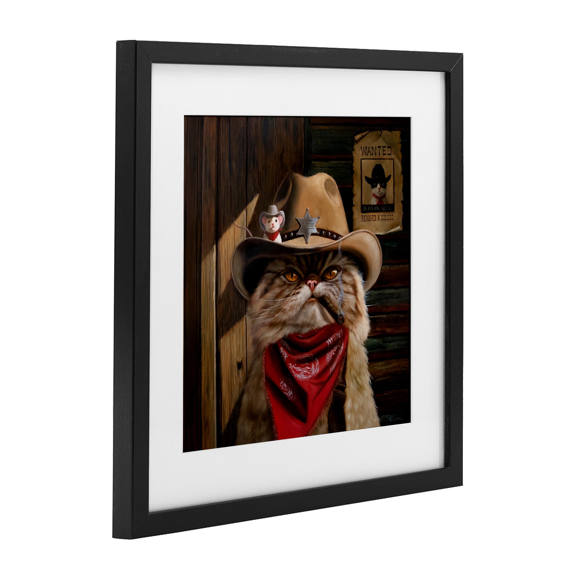 Deputy Purrkins Cat Sheriff Black Framed Print Under Glass, design by Lucia Heffernan