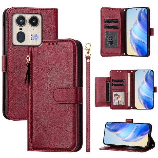 Étui pour Motorola Edge 50 Ultra Portefeuille à Fermeture Éclair à Rabat avec Porte-Cartes, Cadre Photo, Support et Lanière, Cuir PU Rouge