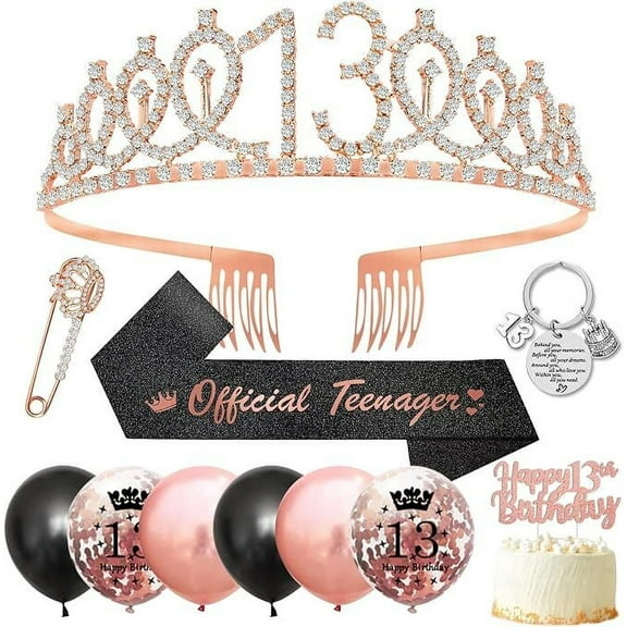 13th Birthday Girl, 13th Birthday Sash And Birthday Crown Girls Teenager Gifts Girls 13 Years With Rose Gold 13 Crown, 13th Birthday Sash, Balloon, Cake Decoration For Teen Girl Gifts