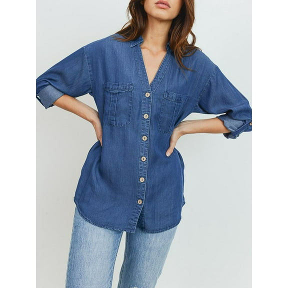 FashionMille Women's Soft V-neck Tencel Button Down Chambray Blouse Utility Shirts