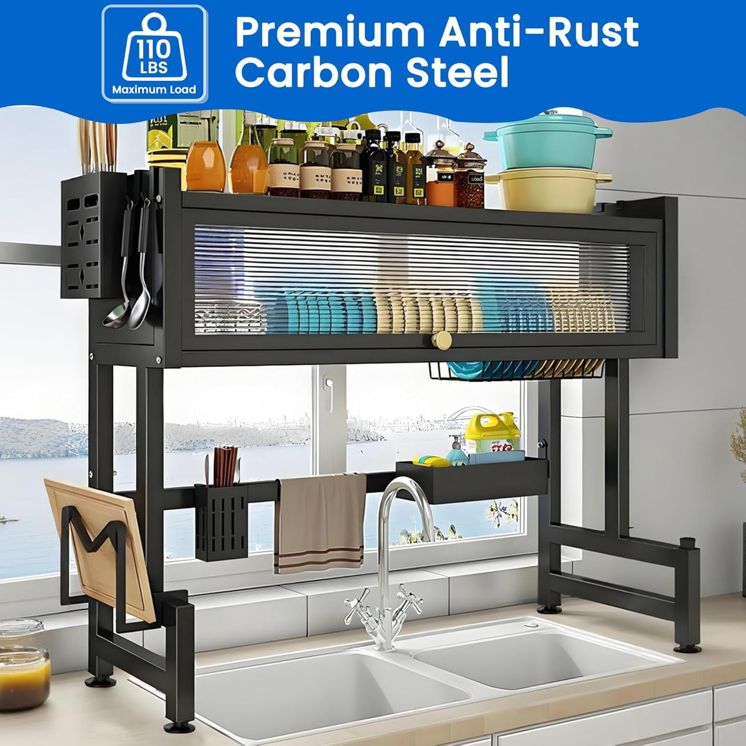 Dish Drying Rack, 3-Tier Over Sink Dish Drying Rack, 33.5" Over Sink Dish Rack for Small Kitchen, Black