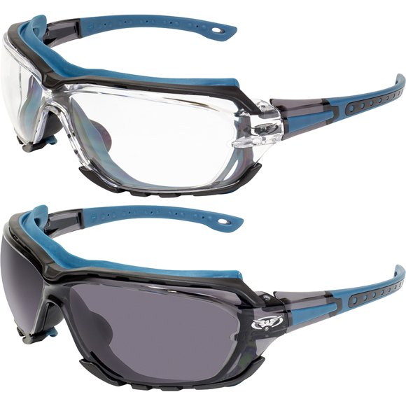 2 Pair Global Vision Octane Sport Motorcycle Riding Safety Glasses Blue Gasket 1 with Clear Lens and 1 with Smoke Lens