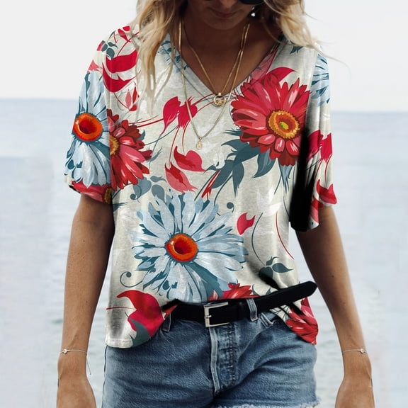SDJMa Women's Classic-Fit 100% Cotton Short-Sleeve T-Shirt Women Casual T-shirt Floral Printed V-Neck Short Sleeve Pullover Blouse Tops