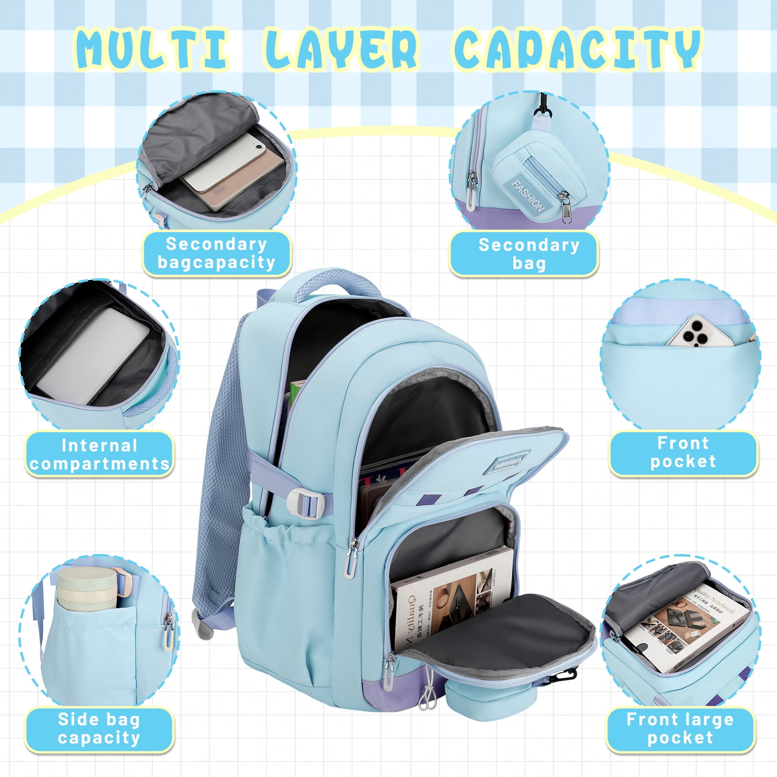 DAKIMOE School Backpack for College High Middle School Fashion Student Bag Cute Aesthetic Teen Bookbag for Teens Women Kids Girls Blue