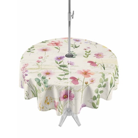 Outdoor Tablecloths with Umbrella Hole & Zipper Pink Spring Floral Round Tablecloth 54 Inch Flowers Elegant Pastoral Botanical Waterproof Table Cloth Patio/Pool/Picnic Table Covers