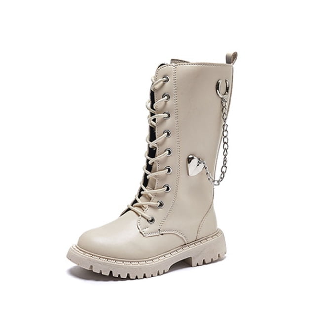 Boys Girls Leather Waterproof Lace Up Side Zipper Mid Calf Combat Riding Winter Boots (Toddler/Little Kid/Big Kid)(Color:Beige,Size:9.5-10 Years)