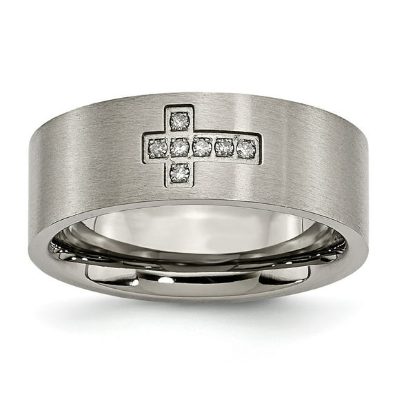 Grey Titanium Ring Band Wedding Men's Diamond Brushed Cross Flat