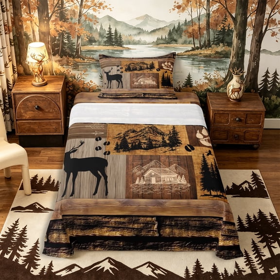 Castle Fairy Jungle Animal Beer Twin Sheets 3pcs,Rustic Cabin Wildlife Bedding,Natural Brown Black,1 Fitted Sheet, 1 Flat Sheet and 1 Pillowcase