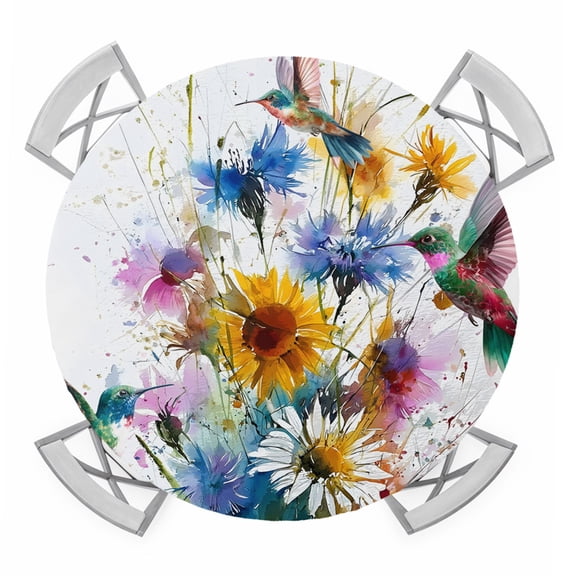 Hummingbird Round Tablecloth for 45-54 Inch Tables,Fitted Table Cover with Elastic Edge,Spring Farmhouse Oil Painting Sunflowers Waterproof Outdoor Table Cloth Protector for Patio Garden Dinner