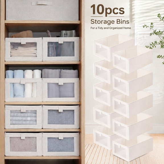 Linen Closet Organizer Bins 10 Pack Foldable Storage Baskets with Clear Window for Closet Shelves Clothing Jeans Home Organization