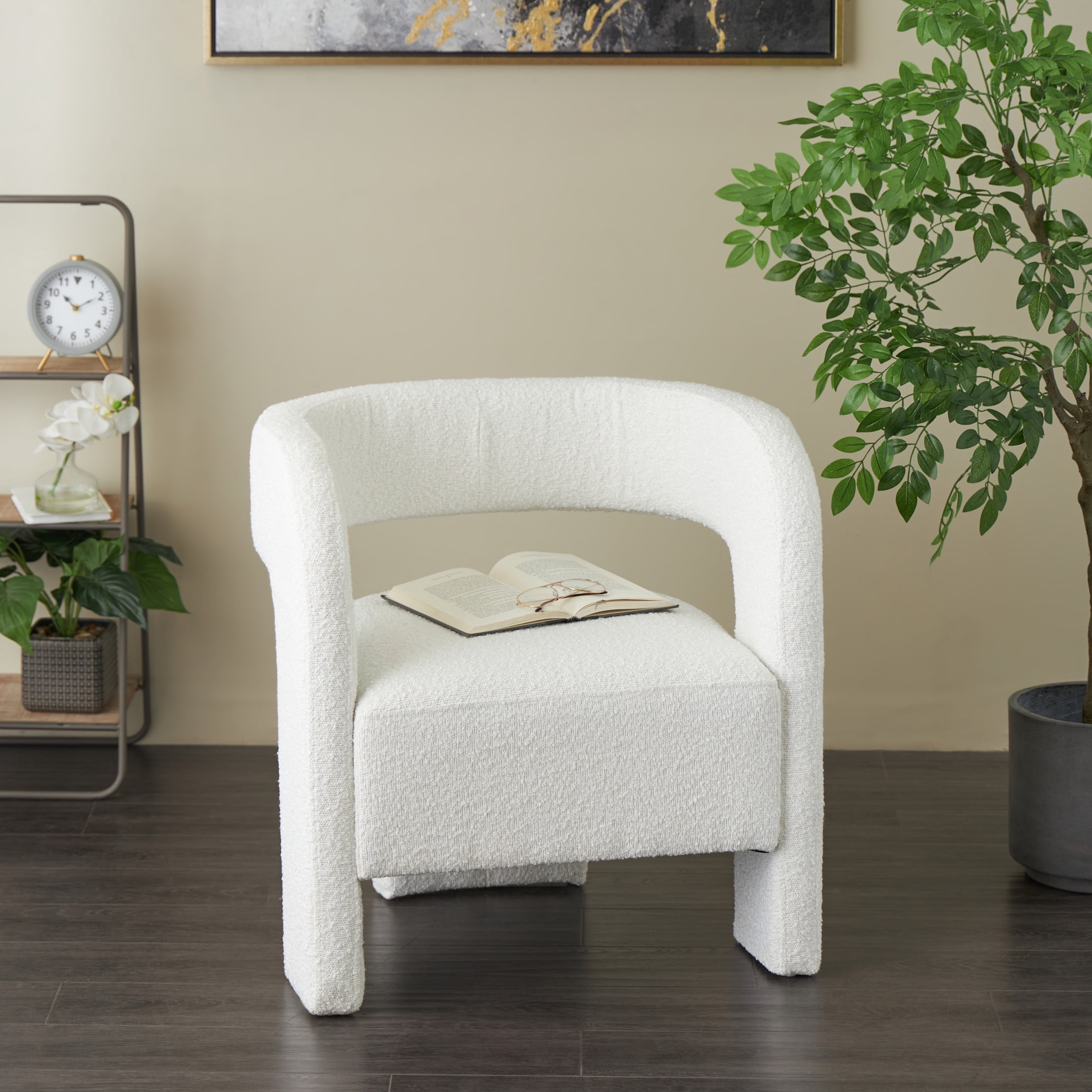 DecMode Polyester Curved Back Mid Century Modern Round Boucle Lounge Chair, White