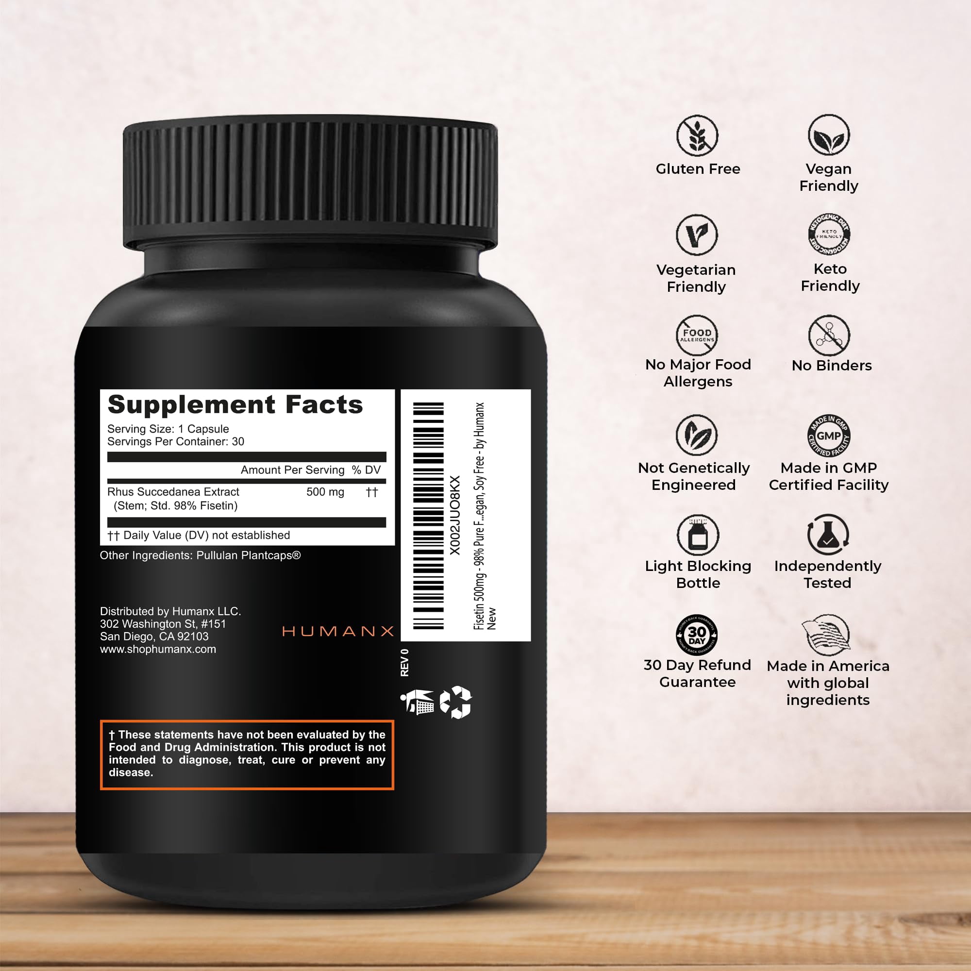 Fisetin 500mg - Fisetin Supplement (Similar to Apigenin, Luteolin, Quercetin) Senolytic Activator - Sirtuin Activator - Bioflavonoid Polyphenols - Non-GMO, Vegan, Lactose Free, Soy Free - by HumanX