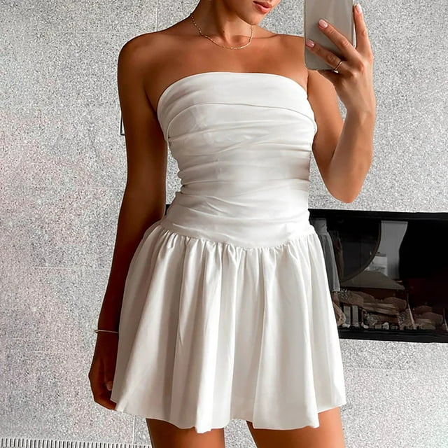 SMihono Robe d'Été Grande Taille pour Femmes 2023 Mode Décontractée Printemps Été Sans Manches à Épaules Dénudées Mi-Mollet