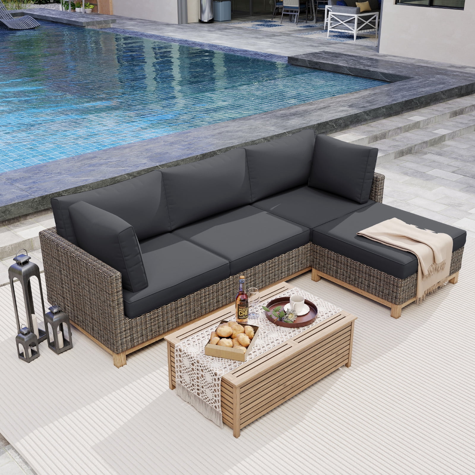 4 inch Outdoor Cushions for Patio Furniture with 5 Pillows, Patio Furniture Cushions,Water-Resistant Outdoor Couch Cushions,4 Seat Sofa Cushions for Outdoor Sectional,Black