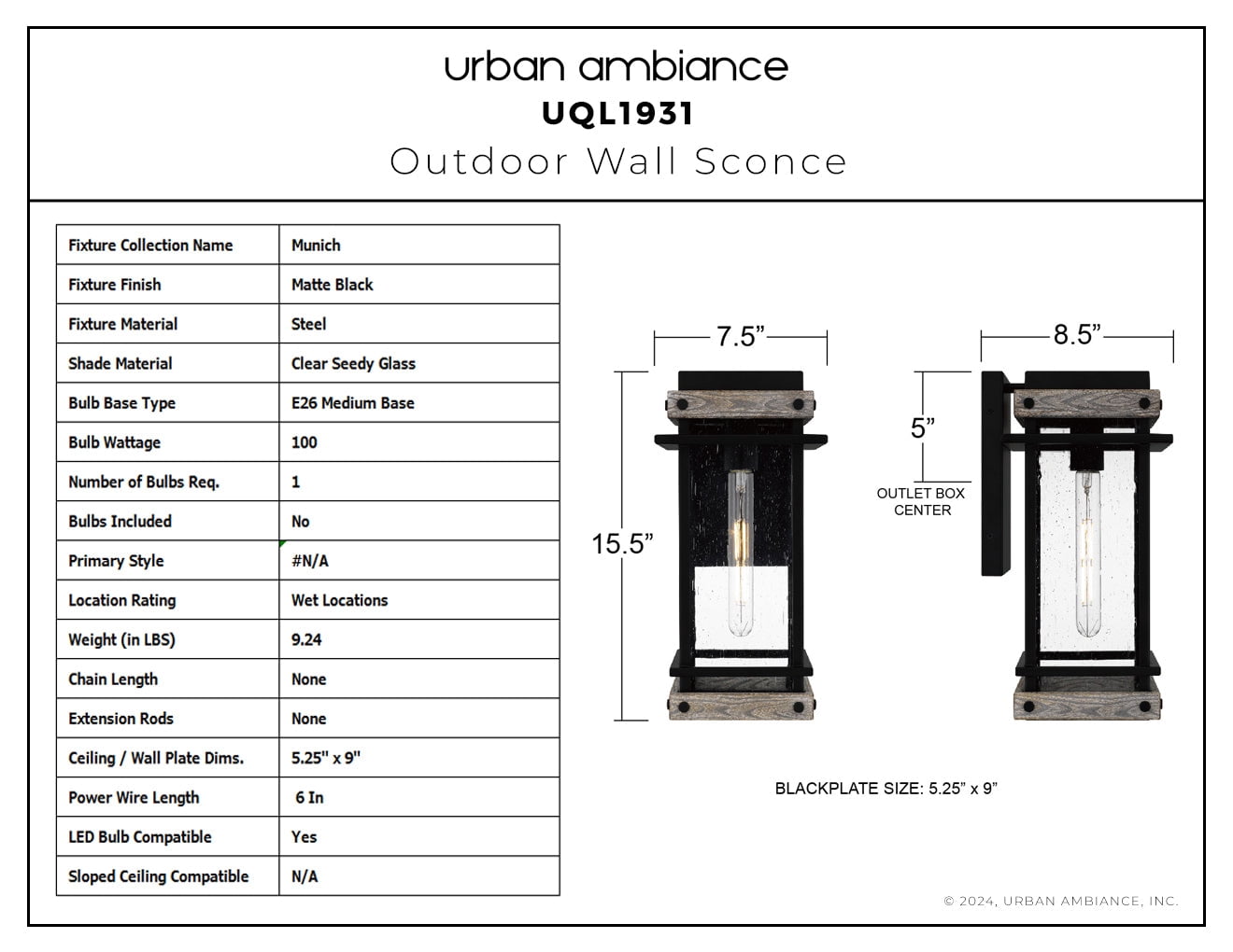 Luxury Modern Farmhouse Wall Sconce, Small Size: 15.5''H x 7.5''W, with Modern Rustic Style Elements, Matte Black Finish, UQL1931 from the Munich Collection by Urban Ambiance