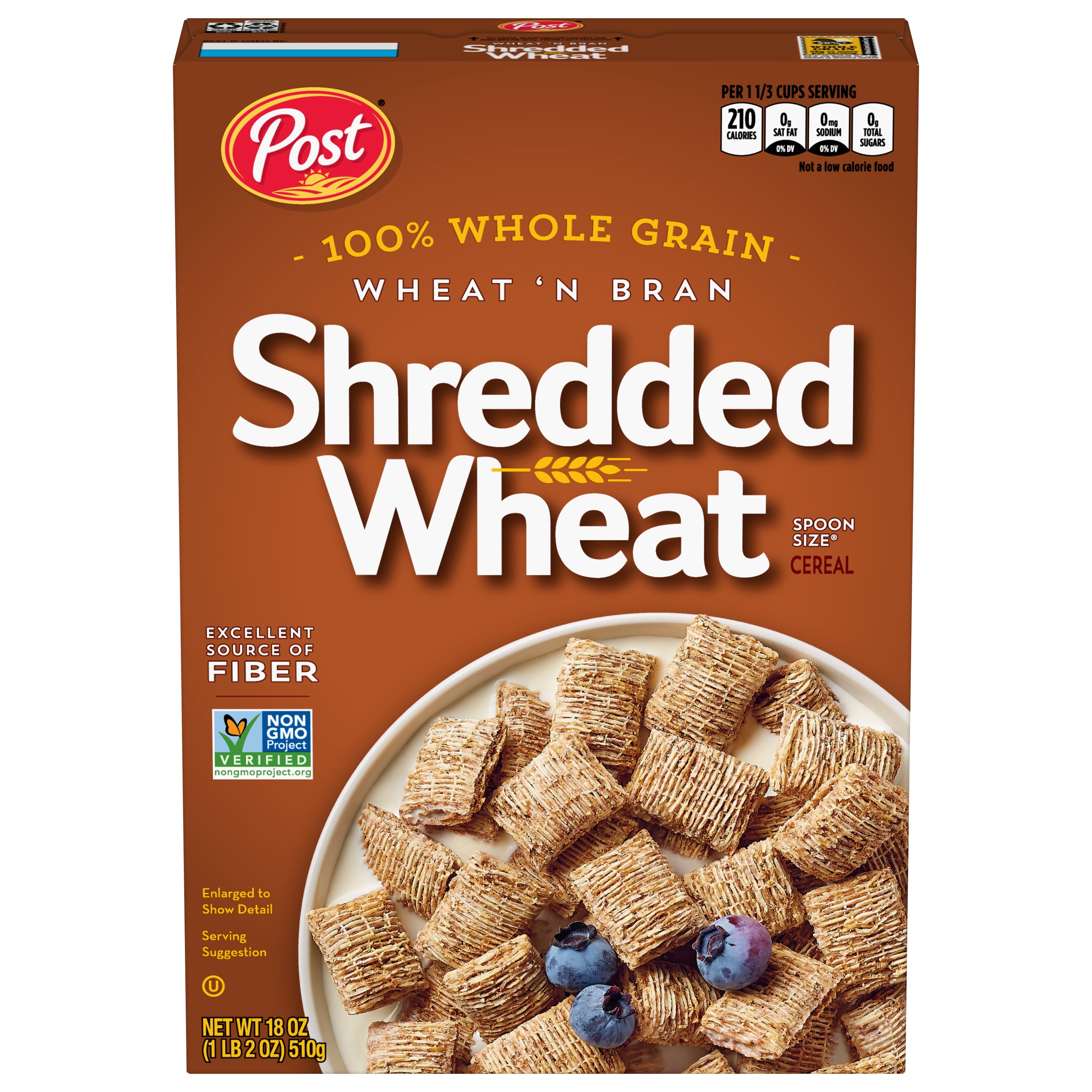 Post Wheat n Bran Shredded Wheat, Breakfast Cereal, Excellent Source of Fiber, Kosher 18 Ounce  1 count