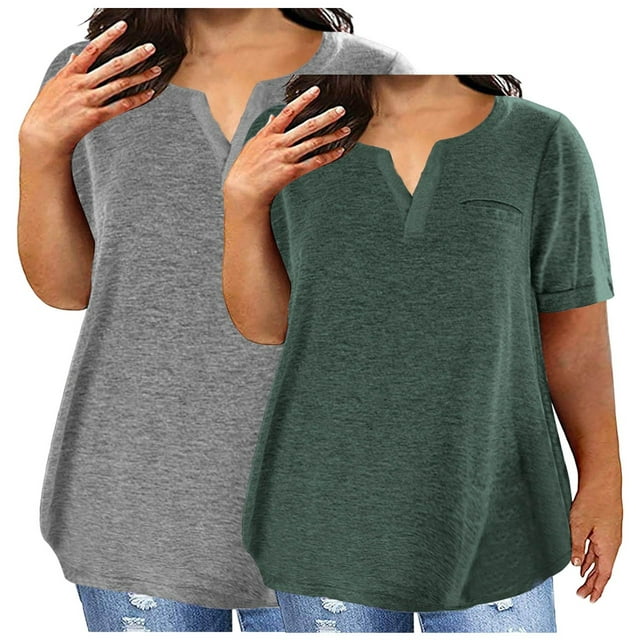 Soki 2PC Women's Plus Size Short Sleeve Tee V-neck Solid Color Oversized T-shirt Tops for Summer L-5XL