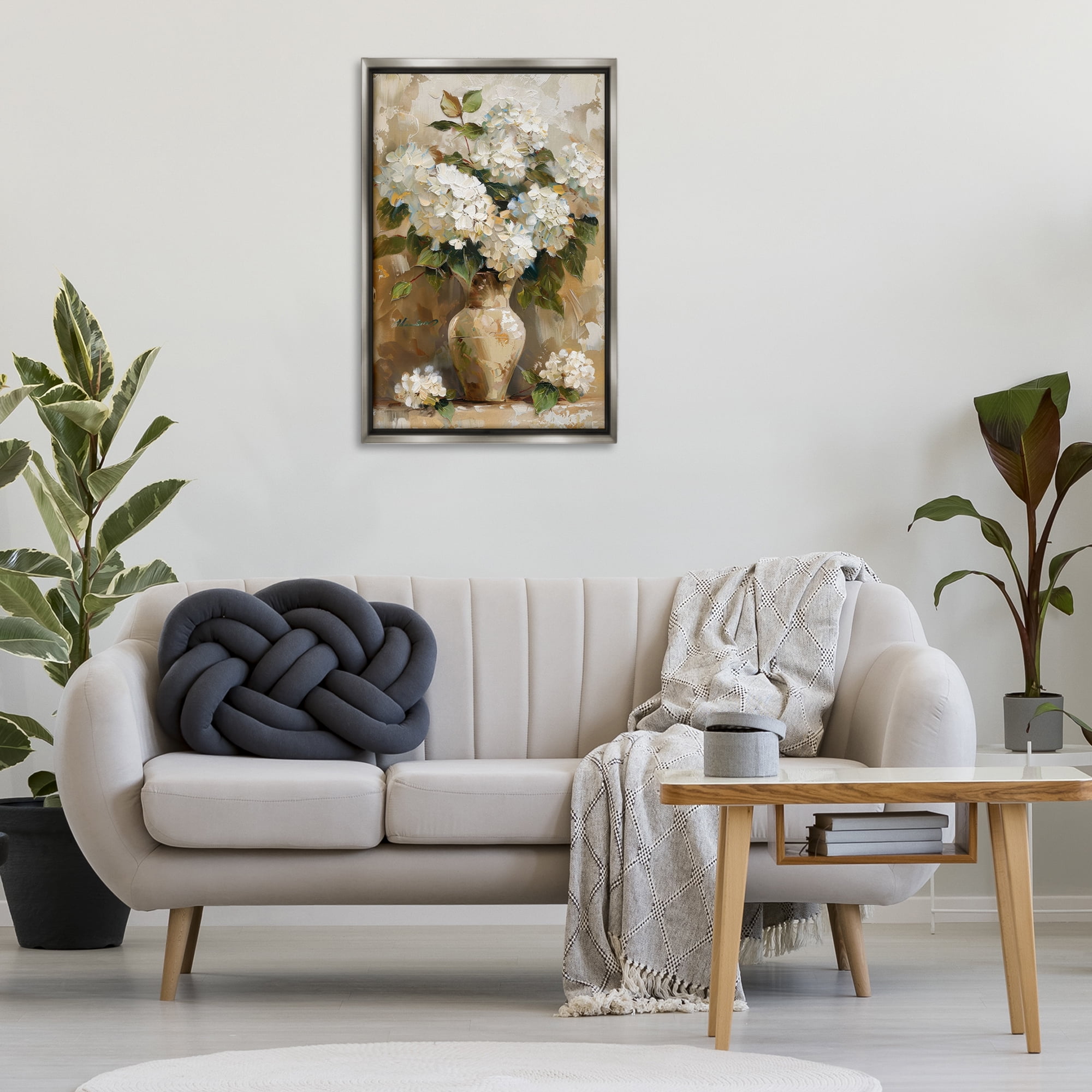 Stupell Industries Vintage White Hydrangeas Plants & Flowers Painting Gray Floater Framed Canvas Art Print Wall Art, 21 x 31